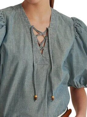 Lauren Ralph Lauren Women's Size XS Blue Chambray Puff Sleeve Boho Top